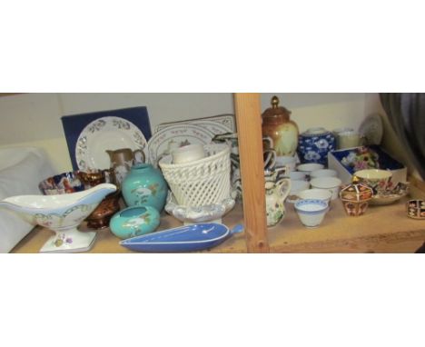 A Royal Crown Derby 1128 pattern vase and cover together with a Derby cup and saucer, Coalport pheasant vase and cover, prunu