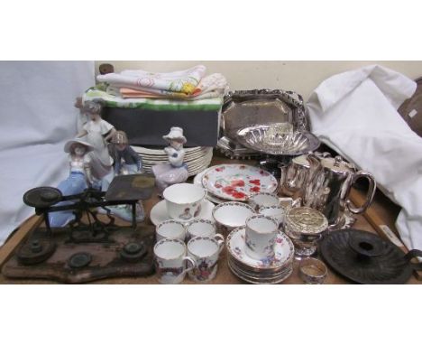 A collection of Nao figures, together with Spode jewel dinner plates, a bone china part coffee set, electroplated wares, lett