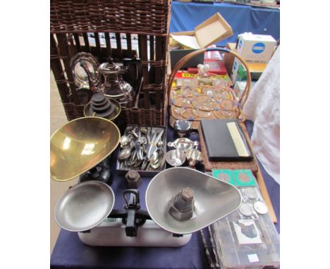 Assorted coins together with weighing scales, electroplated wares, bottle stand, books, lemonade set etc 