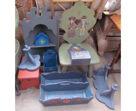 A painted child's chair together with a painted hanging corner cupboard, painted shelf, painted letter racks etc