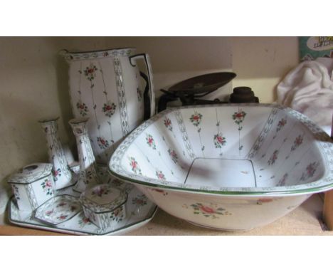 An Edwardian pottery jug and basin set comprising a jug and basin, dressing table set, together with a kettle and scales 