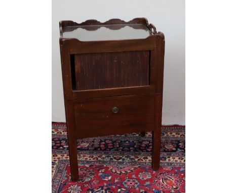 A George III mahogany night table with tray top and tambour front and pull out step commode, on square legs, 51cm wide  