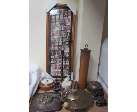 Framed cigarette cards together with gongs, candlesticks, oriental figures, barometer etc