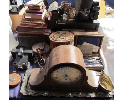 A walnut cased mantle clock together with books, polaroid camera, geometry set, epns etc 
