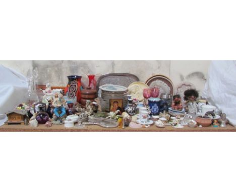 A large lot including a Royal Doulton figure Diana HN3266 together with other figures, glass decanters, ceramic floral centre