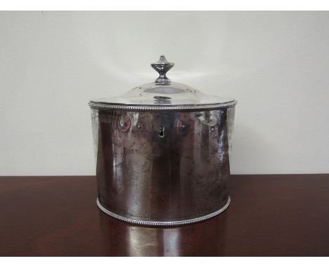A Georgian silver tea caddy by John Penzilow, London 1787 simple oval form with beaded edge, 429g
