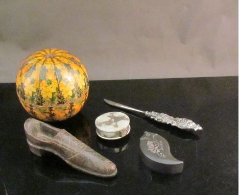 A Clark's string box, silver handled manicure knife, Victorian slate snuff box, wooden shoe and a bulldog tape measure (5)