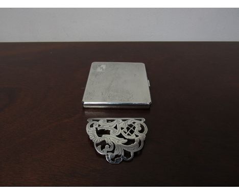 A silver William Neale engine turned cigarette case, gilt interior marked Birmingham 1955 and a silver half of a nurse's buck