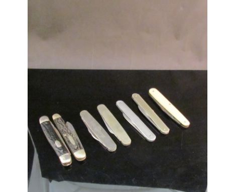 Three near pairs of penknives and another including engine turned, horn (7)