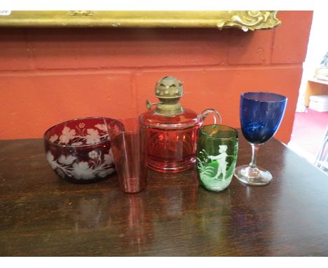 Five pieces of Victorian coloured glass including ruby glass bowl