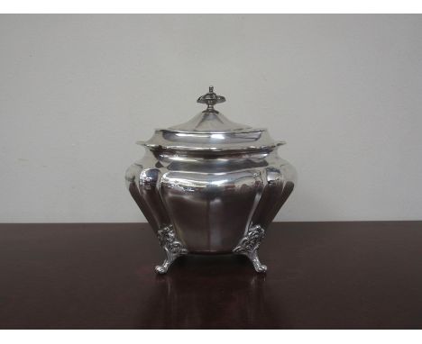 A James Dixon & Sons Ltd. tea caddy, finial knop, oval shape body on scroll feet, marked Sheffield 1899, 342g
