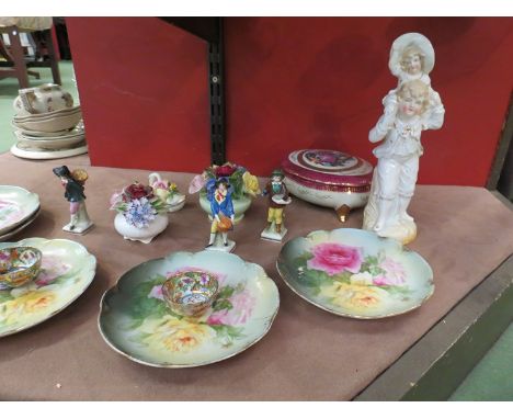 Mixed early 20th Century ceramics including posies, lidded trinket box, floral plates and Continental figures  