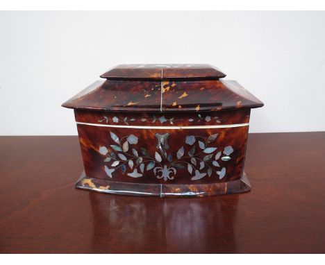 A 19th Century tortoiseshell and mother of pearl inlaid tea caddy, 20cm wide x 13.5cm in height