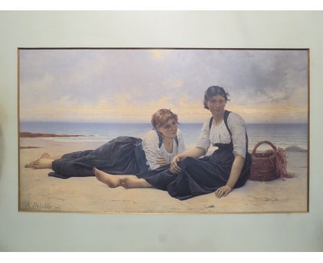 After Francois Alfred Delobbe (1835-1915/20): A lithographic print "Two girls at the beach". The mount stamped KGL National G