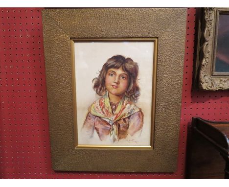 R.SENET RONIA:  Watercolour portrait of a young peasant girl wearing a shawl, signed lower-right, a hammered metal framed cas