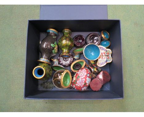 A quantity of small cloisonné items including birds, vases, butterfly trinket box etc