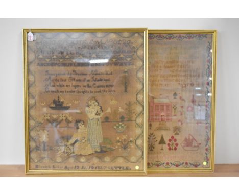 Two 1927 cross stitch samplers with local interest: one performed by Elizabeth Lisler aged 13, from Settle, depicting two gir