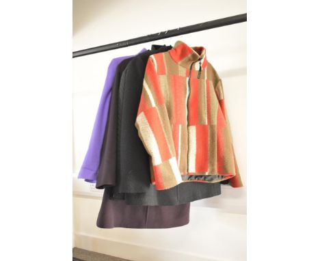 Four ladies coats, including a Farfield Original brown and orange fleece jacket, from Cumbria and made in the UK, a black Viy