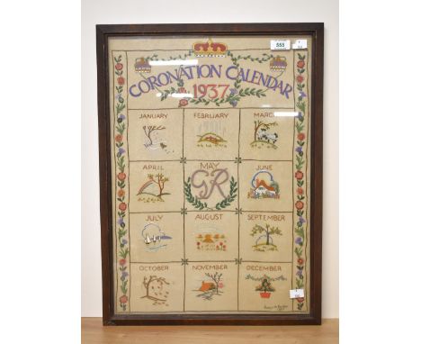 A 1937 embroidery sampler on cotton, performed by Evelyn M Barton, depicting a 'Coronation Calendar', each month bearing a di