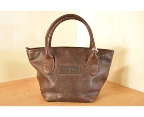 A Barbour mini tote handbag in coffee brown full-grain leather, with embossed leather Barbour logo panel, line with khaki and