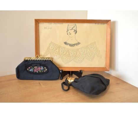Three antique examples of ladies accessories, comprising a black pouch purse which features a cleverly engineered concertina 