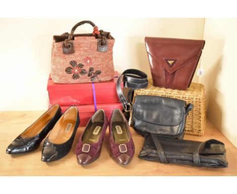 Six examples of vintage ladies accessories, comprising four cross-body bags and two matching pairs of shoes; a panelled art-d