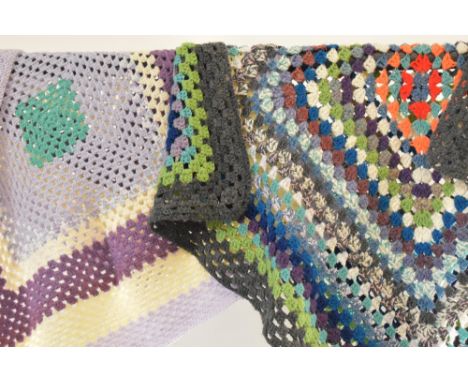 Two vintage granny square blankets cool shades of multicolour stripes, the darker blanket measuring approx 40 x 40 inches, an