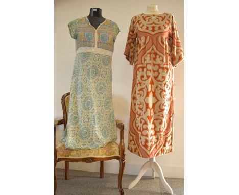 Two dresses, a 2006 BIBA reboot long summer dress in lightweight cotton with blue and green Moroccan sketch pattern, crochet 