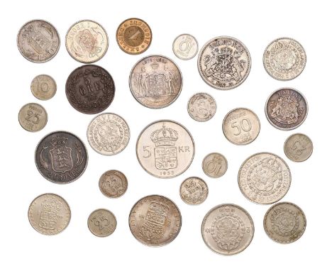 Denmark and Sweden, Miscellaneous Coins; 26 coins in total; highlights include; Denmark, 2 kroner 1876, and kroner 1892; and 