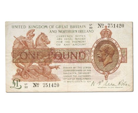 Treasury Series, One Pound, Warren Fisher third issue, serial no. U1/22 751420 (EPM T34) a few pinholes o/wise near very fine