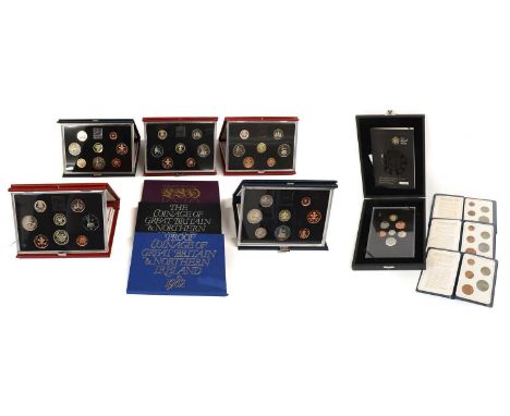 9x UK Proof Sets, comprising; 1970, 1981, 1982, 1983, 1984, 1985, deluxe, 1986 deluxe, 1987 deluxe, and 2008 Royal Shield of 