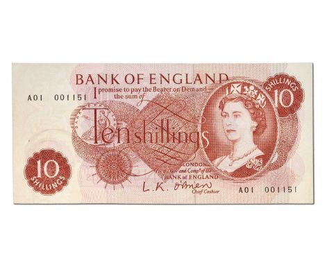 Bank of England, Ten Shillings, series C, signatory O'Brien, low serial number first run A01 001151 (EPM B286) very minor spo