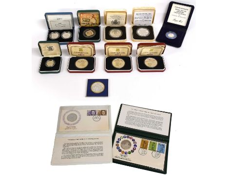 13x Silver Proof Commemorative Coins, to include; 3x Isle of Man crowns, 2x medallic first day covers, a Maria Theresa Thaler