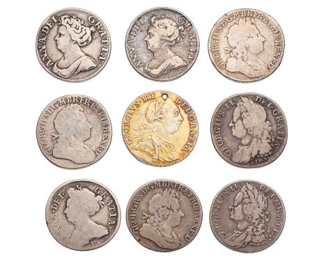 Assorted 18th Century Shillings, 9 coins in total to include; Anne, 1708? E*, Edinburgh bust (S.3615) scarce; 1709, third bus