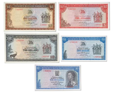 Rhodesia, Assorted Banknotes, to include; Ten Shillings, dated 10th September 1968, serial no. L/17 828356, (Pick 27b); ten d