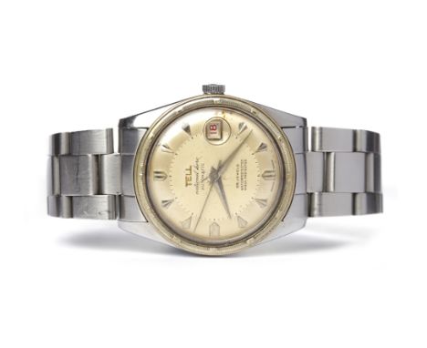 GENTLEMAN'S TELL NATIONAL HERO STAINLESS STEEL AUTOMATIC WRIST WATCHthe round dial with applied stainless steel arrow hour ma