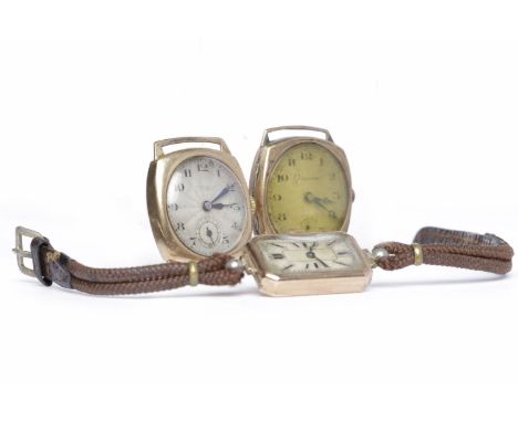 GROUP OF THREE EARLY TWENTIETH CENTURY NINE CARAT GOLD MANUAL WIND WRIST WATCHEScomprising a lady's art deco example with 15 