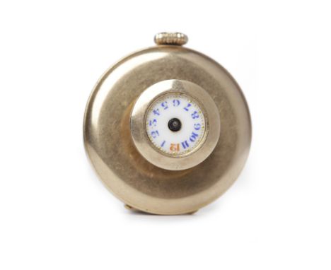 EDWARDIAN NINE CARAT GOLD KEYLESS WIND BUTTON HOLE WATCHthe round white enamel dial with Arabic numerals in blue with 12 in r