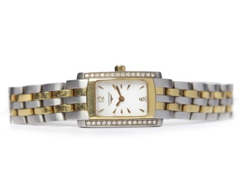 LADY'S LONGINES BI COLOUR STAINLESS STEEL DIAMOND SET QUARTZ WRIST WATCHthe rectangular dial with applied Arabic numerals and
