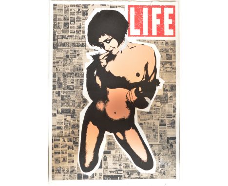 A limited edition ( No.17 ) screen print depicting a glam stripper / porn star with porn magazine ground and ' Life ' for ' L