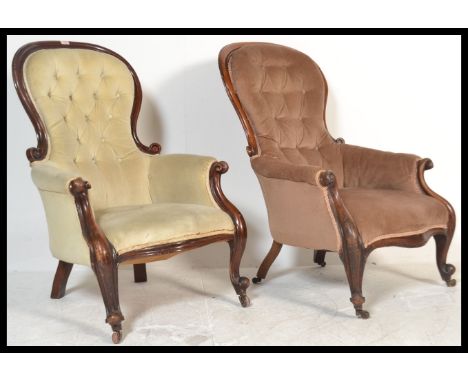 A non matched pair of 19th Century Victorian mahogany spoon back armchairs. Each chair raised on reeded and shaped legs with 