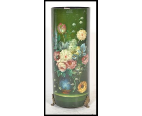 A 20th Century walking stick / umbrella stand of tall cylindrical form having Dutch inspired hand painted florals to the fron