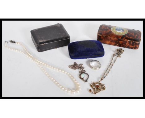 A group of vintage jewellery and jewellery boxes to include freshwater pearl necklace with silver marcasite clasp, Edwardian 