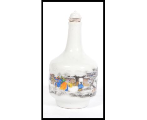 A 20th Century Chinese snuff / white ceramic scent bottle with a printed winder scene to the side, having character marks to 