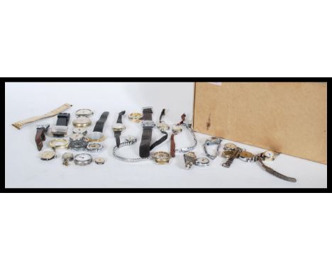 A collection of vintage 20th Century watch movements and spares to include Ingersoll, Lucerna, Ferel, Military watches, Timex