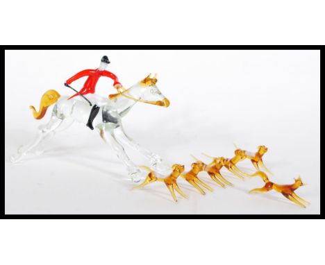 A vintage mid 20th Century Murano studio art glass miniature hunting figurine group depicting a huntsman on horseback along w