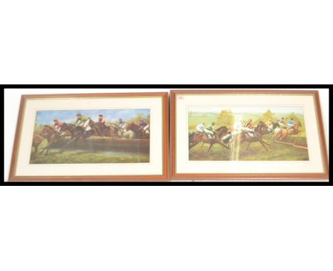 A pair of vintage 20th Century Mark Smallman horse racing equestrian prints entitled 'Down the Back' and 'In Full Flow'. Fram
