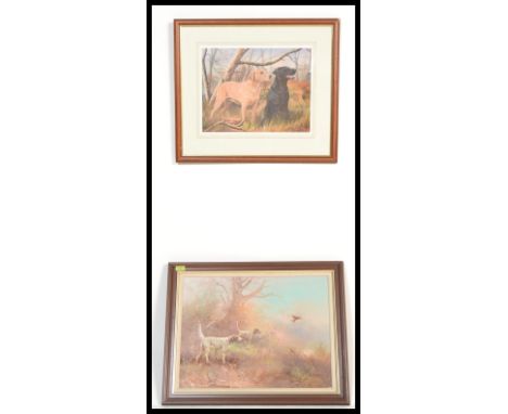 A 20th Century hunting interest oil on canvas painting depicting two hunting dogs within a misty field with a bird of prey fl