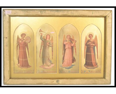 A 19th Century print after Fra Angelico depicting four angels with latin inscriptions, each playing different instruments inc