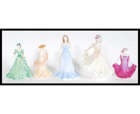 A group of five ceramic figurines to include Royal Doulton Pretty Ladies Lynette, Doulton Gemstones collection aquamarine, Co